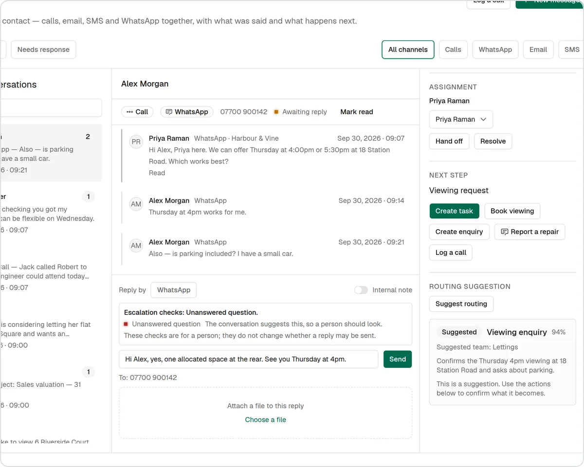 SortX inbox with a tenant's WhatsApp conversation and suggested next steps, using sample data