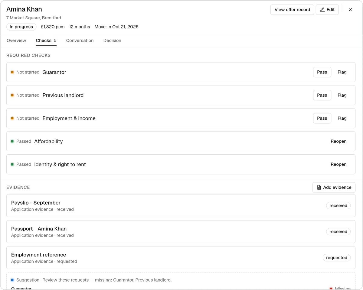A sample lettings application in SortX with its referencing and right to rent checks