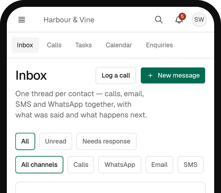 SortX inbox on a phone with sample WhatsApp and text conversations
